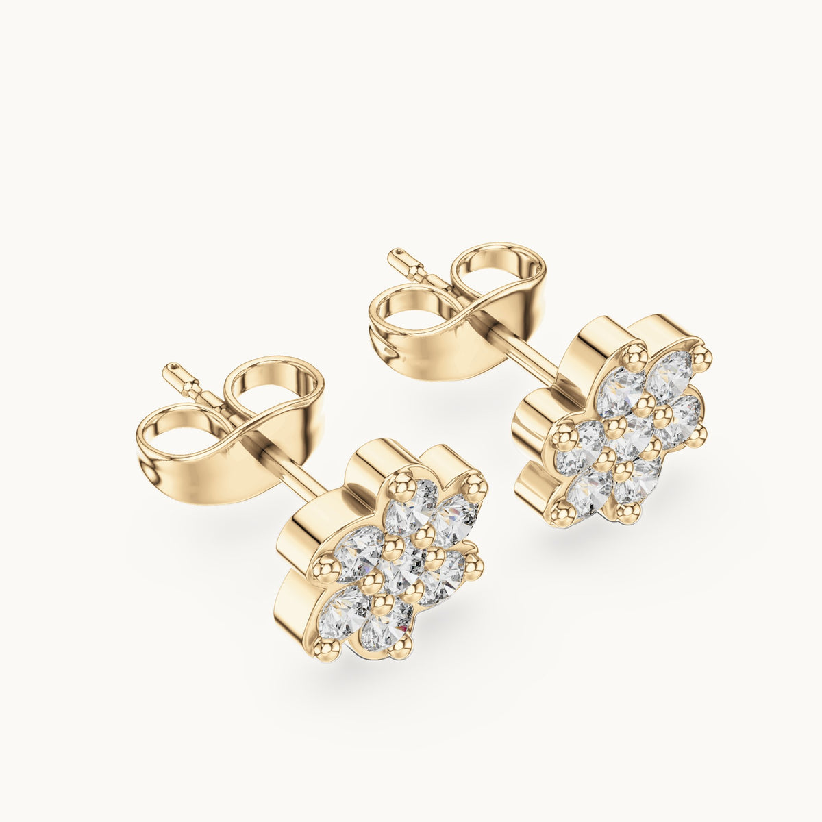Round lab-grown diamond six-petal flower cluster stud earrings in yellow gold, 0.58 CT TW, view 2