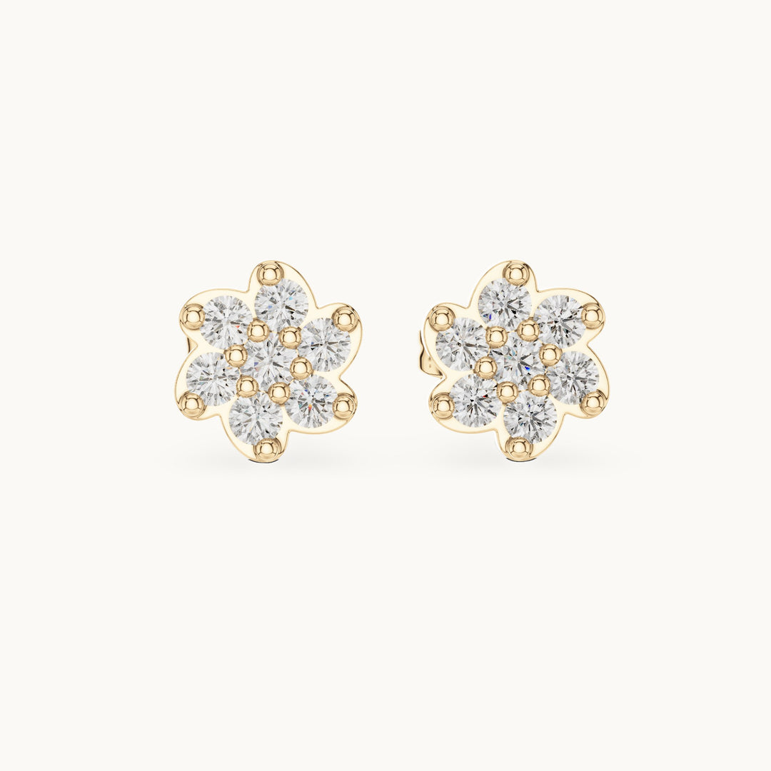 Round lab-grown diamond six-petal flower cluster stud earrings in yellow gold, 0.58 CT TW, view 4