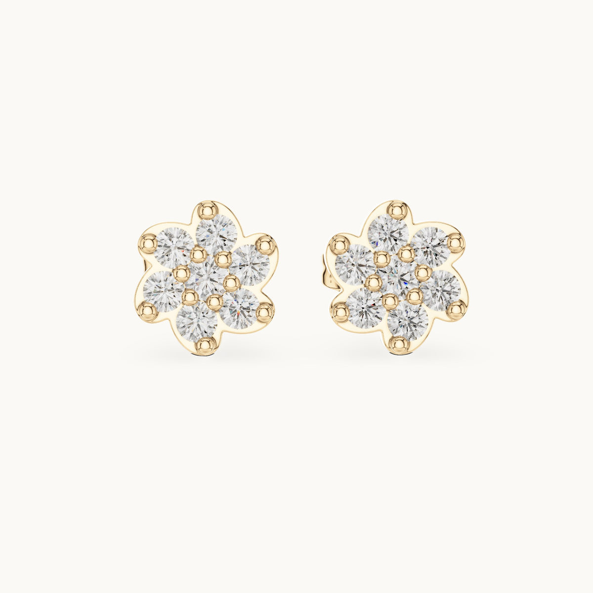Round lab-grown diamond six-petal flower cluster stud earrings in yellow gold, 0.58 CT TW, view 4