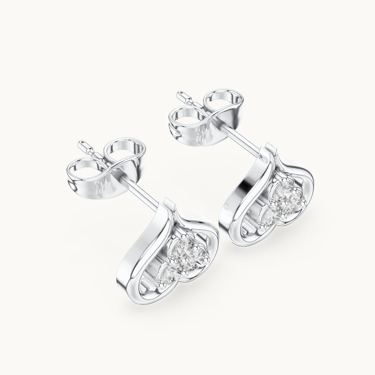 Round lab-grown diamond open heart trio stud earrings in white gold, 0.24 CT TW, view 2
