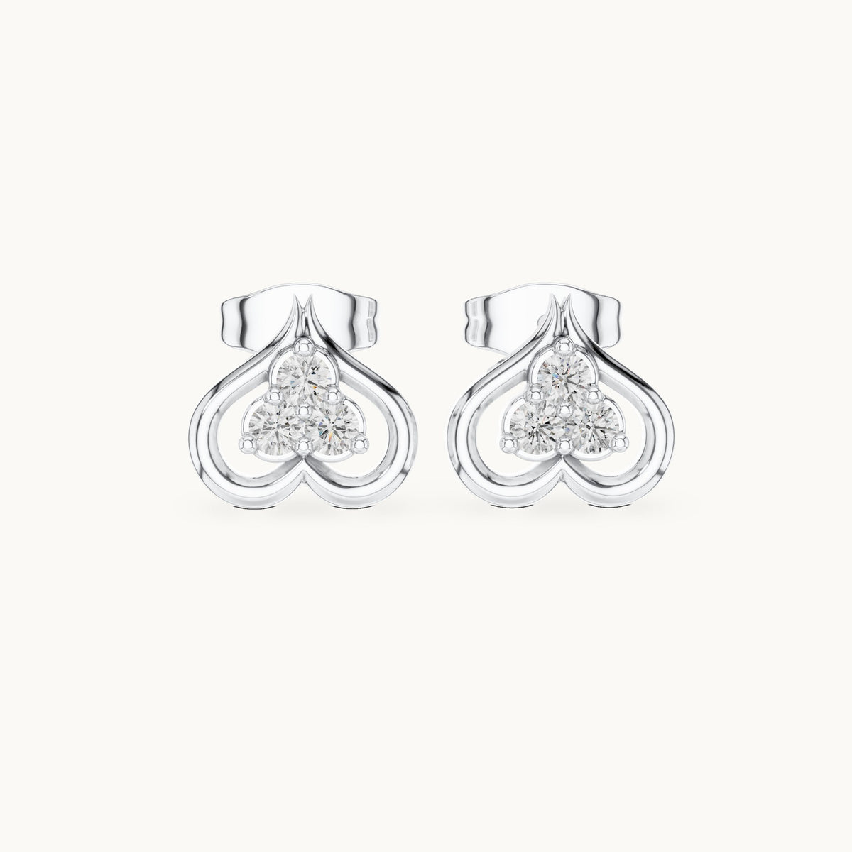 Round lab-grown diamond open heart trio stud earrings in white gold, 0.24 CT TW, view 4