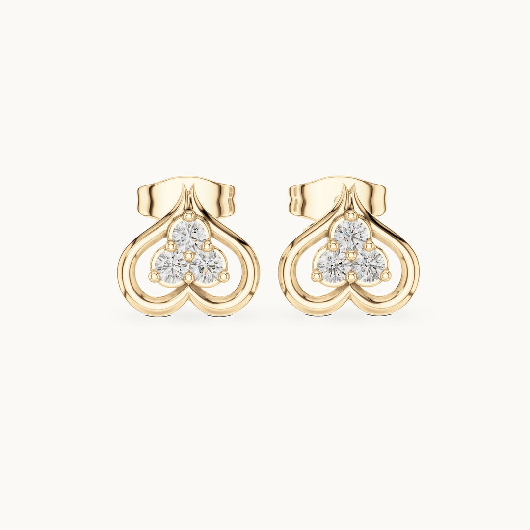 Round lab-grown diamond open heart trio stud earrings in yellow gold, 0.24 CT TW, view 4