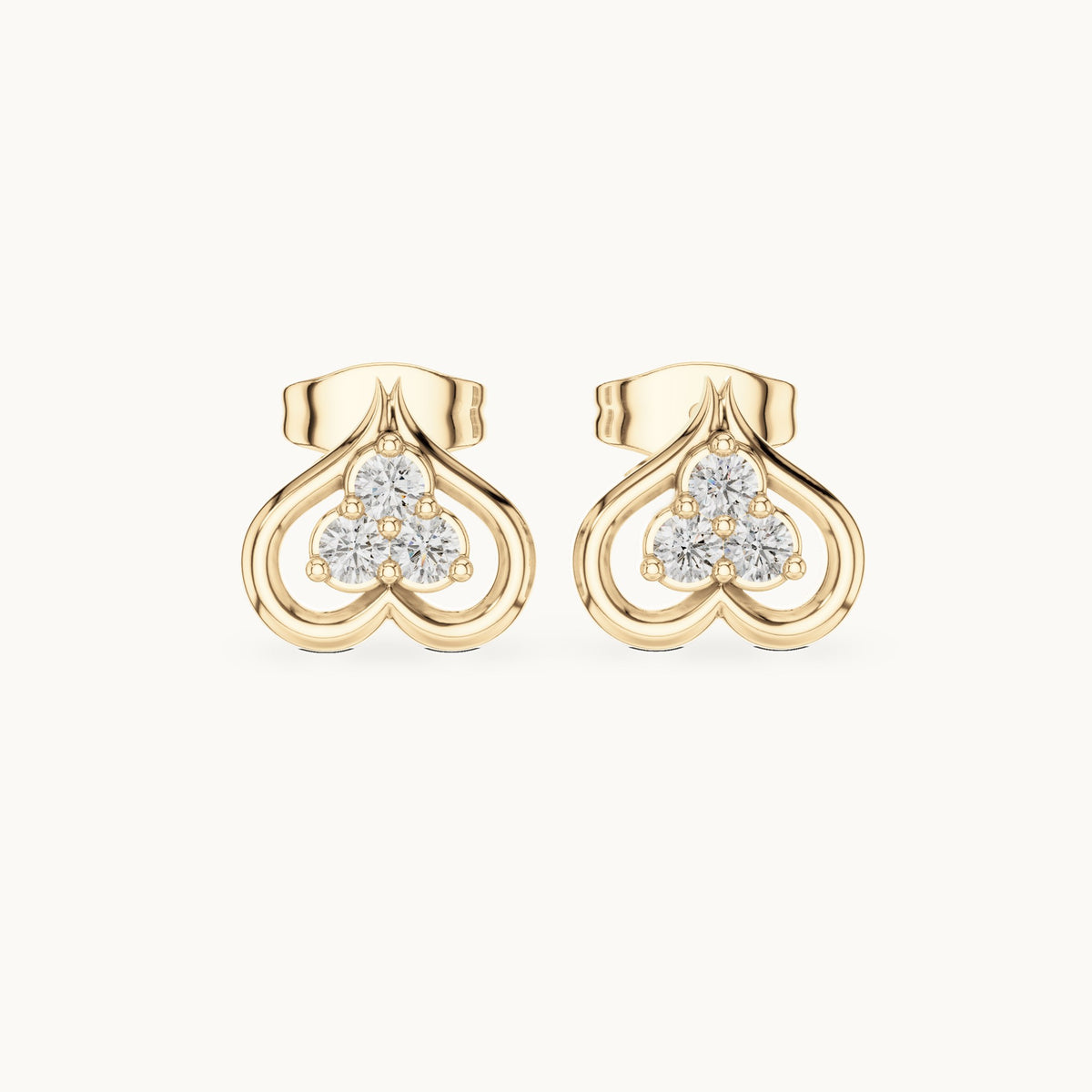 Round lab-grown diamond open heart trio stud earrings in yellow gold, 0.24 CT TW, view 4