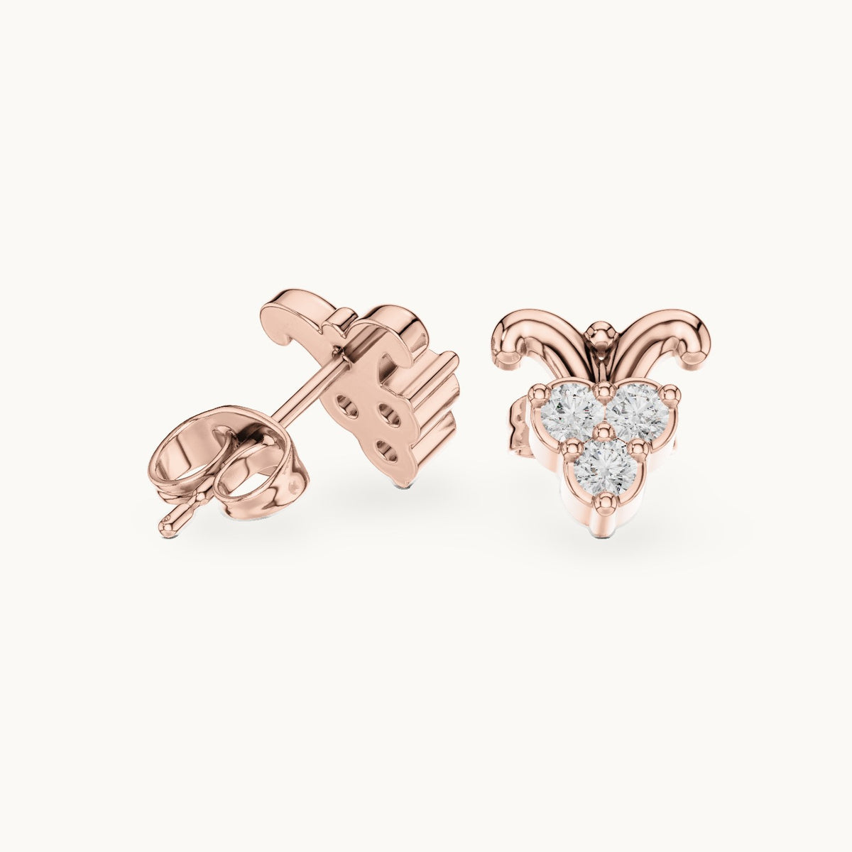 Round lab-grown diamond scroll trio cluster stud earrings in rose gold, 0.30 CT TW, view 1