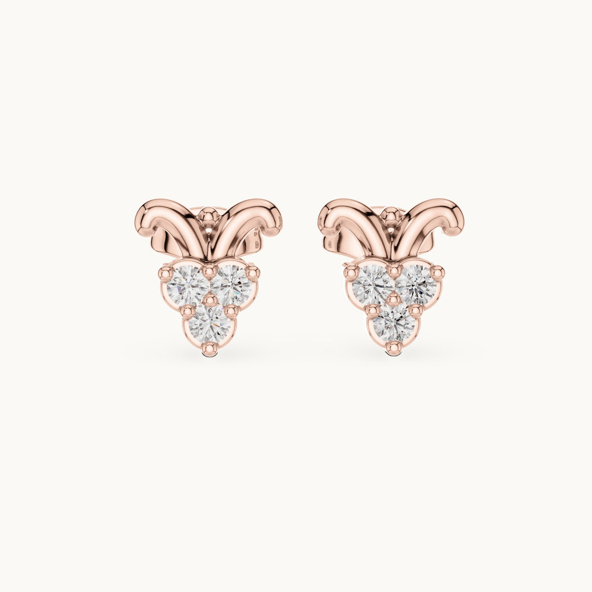 Round lab-grown diamond scroll trio cluster stud earrings in rose gold, 0.30 CT TW, view 4