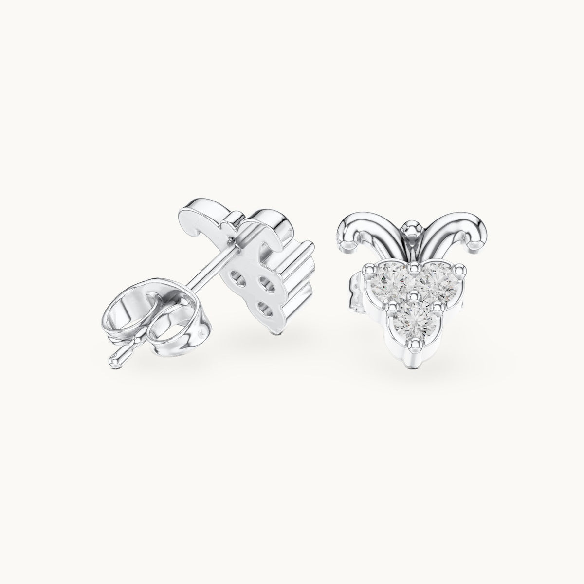 Round lab-grown diamond scroll trio cluster stud earrings in white gold, 0.30 CT TW, view 1