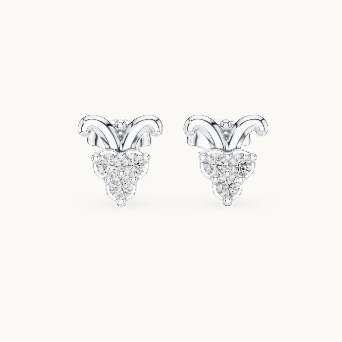 Round lab-grown diamond scroll trio cluster stud earrings in white gold, 0.30 CT TW, view 4
