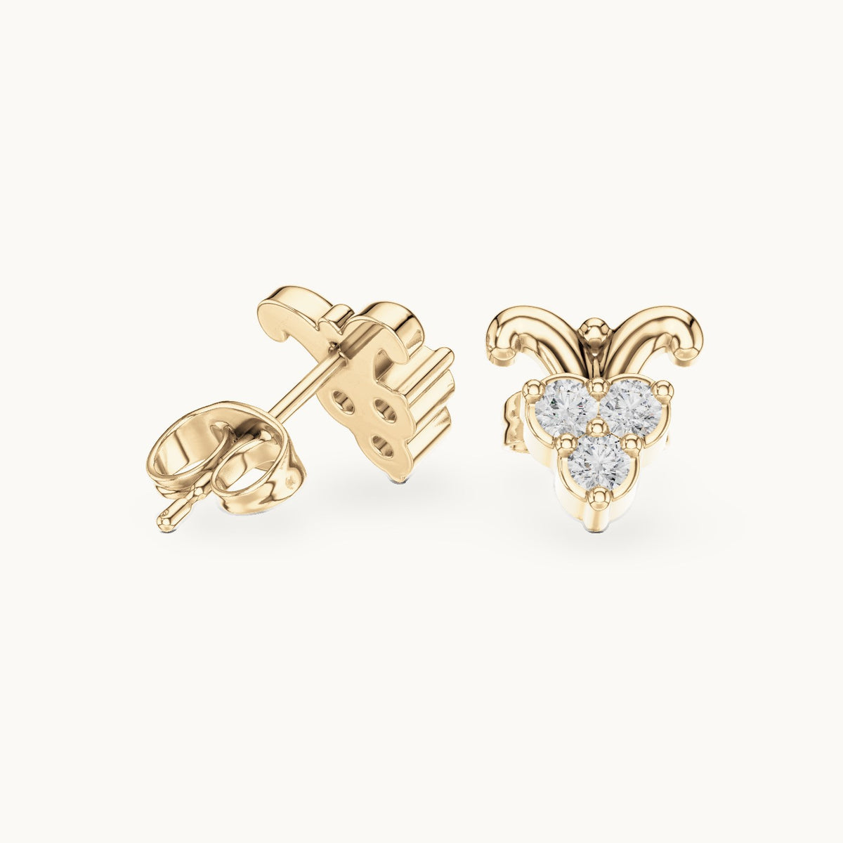 Round lab-grown diamond scroll trio cluster stud earrings in yellow gold, 0.30 CT TW, view 1