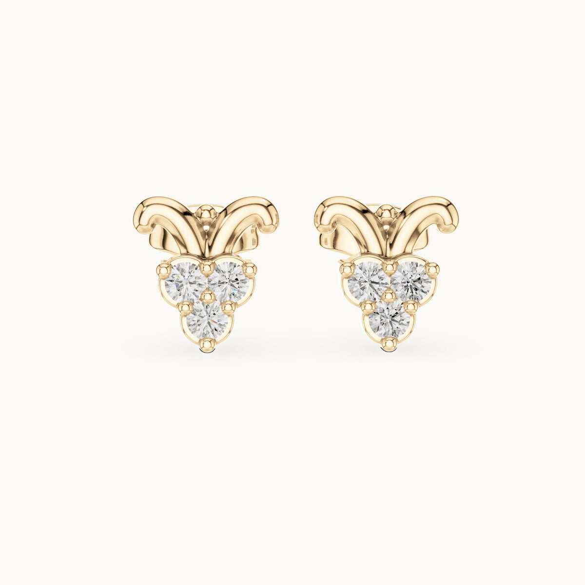Round lab-grown diamond scroll trio cluster stud earrings in yellow gold, 0.30 CT TW, view 4