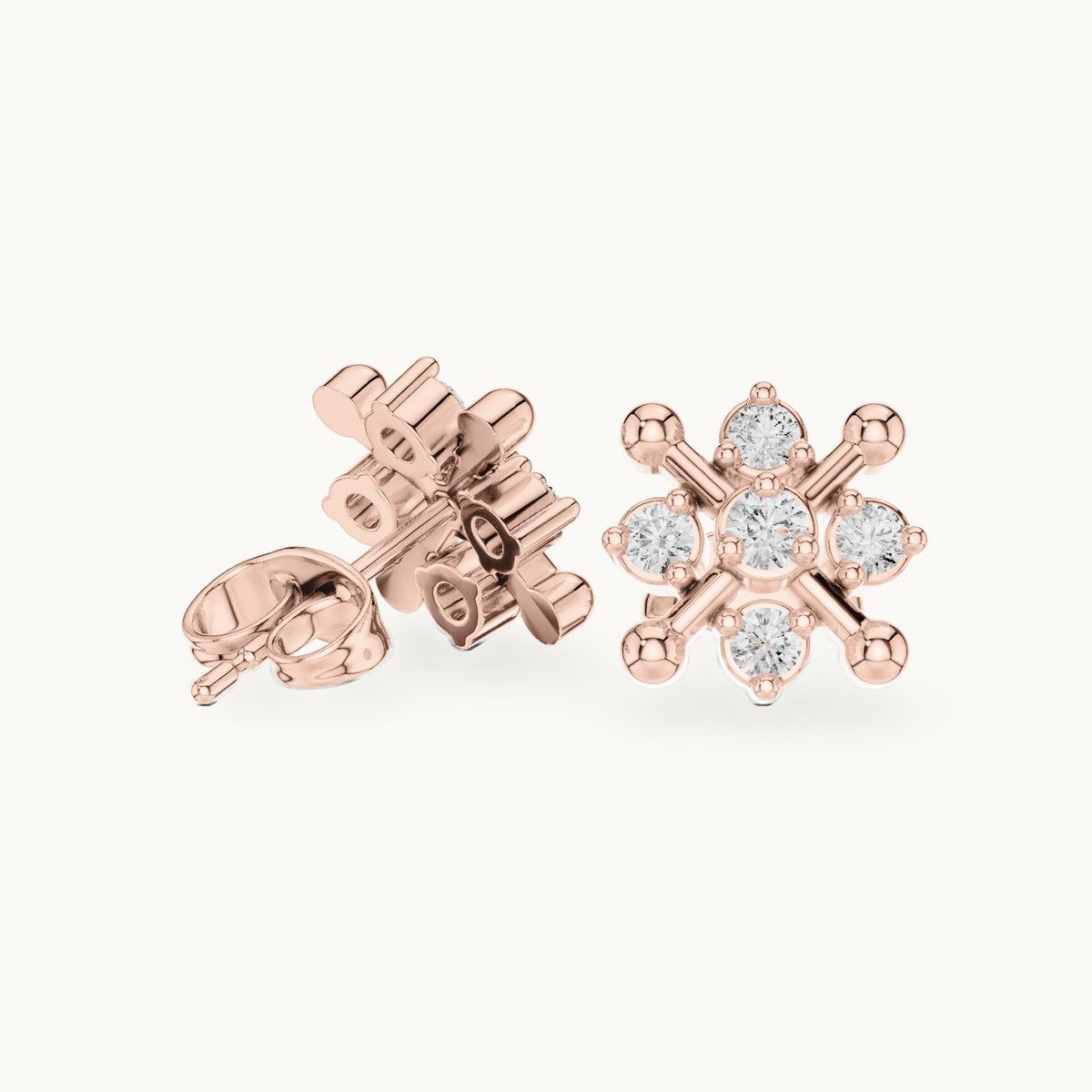 Round lab-grown diamond snowflake cluster stud earrings in rose gold, 0.33 CT TW, view 1