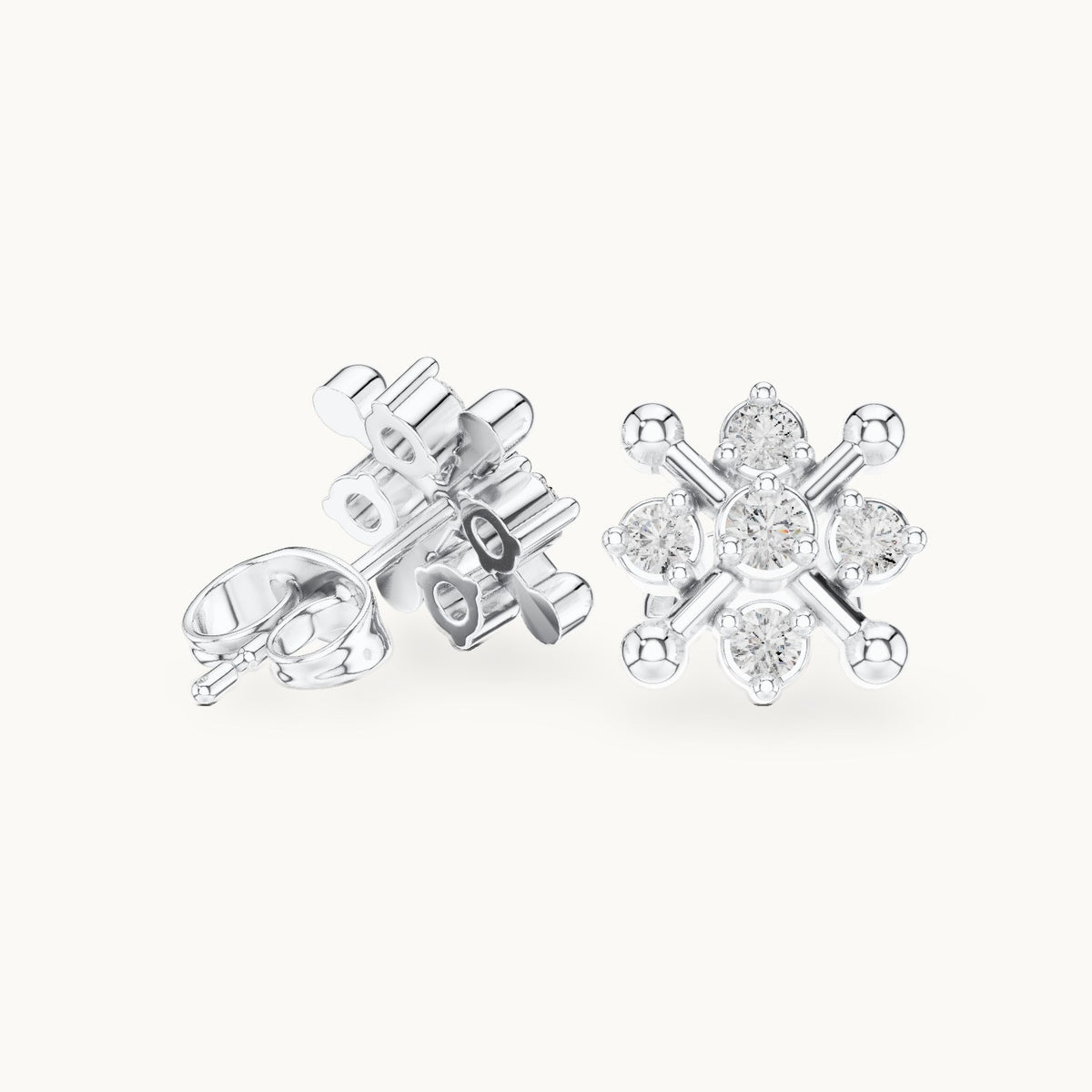 Round lab-grown diamond snowflake cluster stud earrings in white gold, 0.33 CT TW, view 1