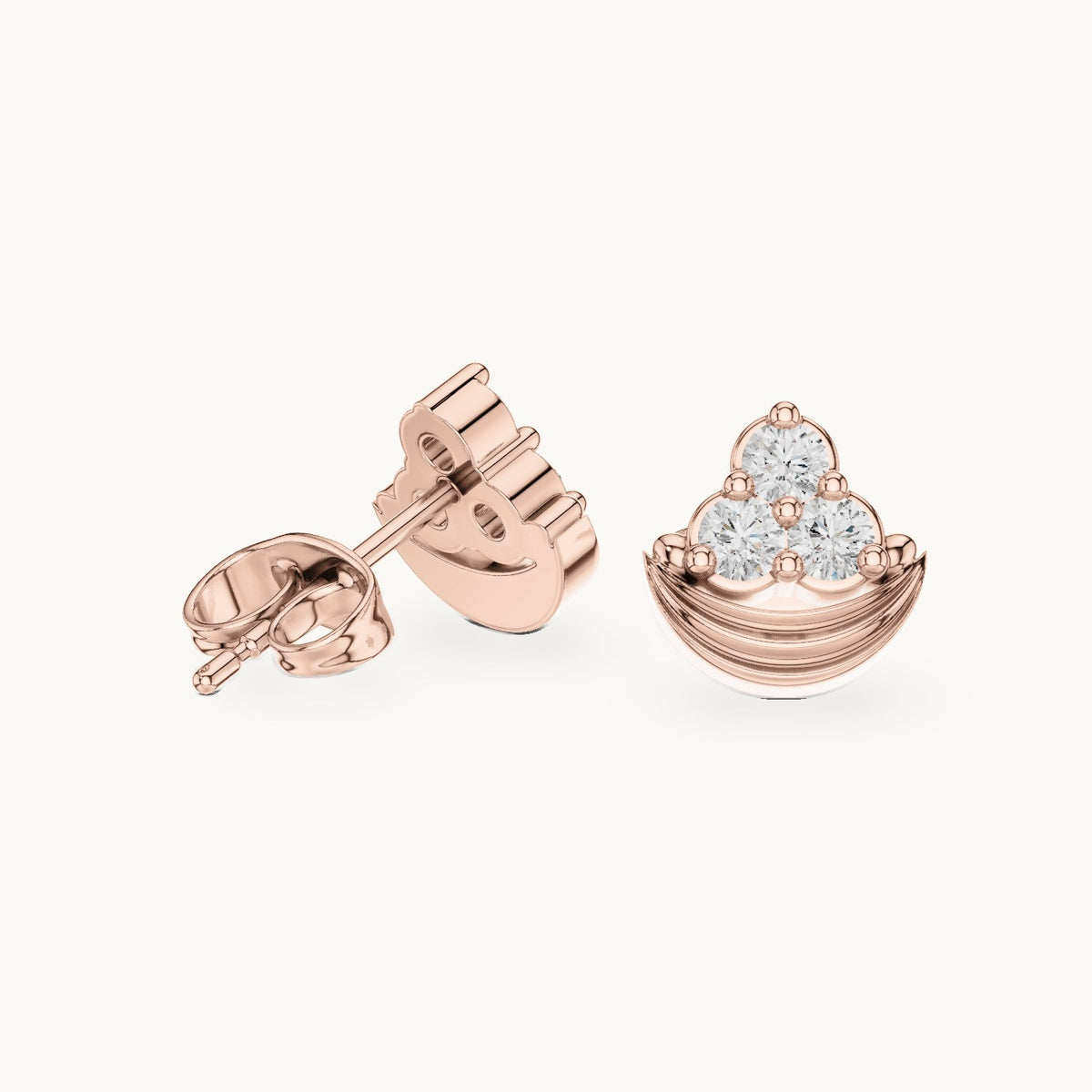 Round lab-grown diamond crescent trio cluster stud earrings in rose gold, 0.36 CT TW, view 1