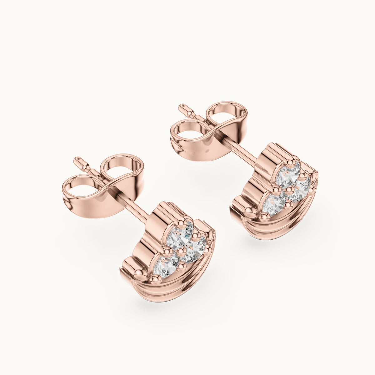 Round lab-grown diamond crescent trio cluster stud earrings in rose gold, 0.36 CT TW, view 2