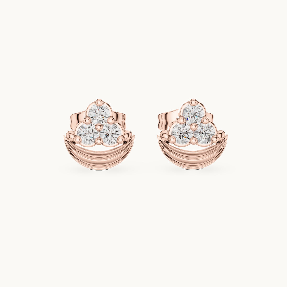 Round lab-grown diamond crescent trio cluster stud earrings in rose gold, 0.36 CT TW, view 4