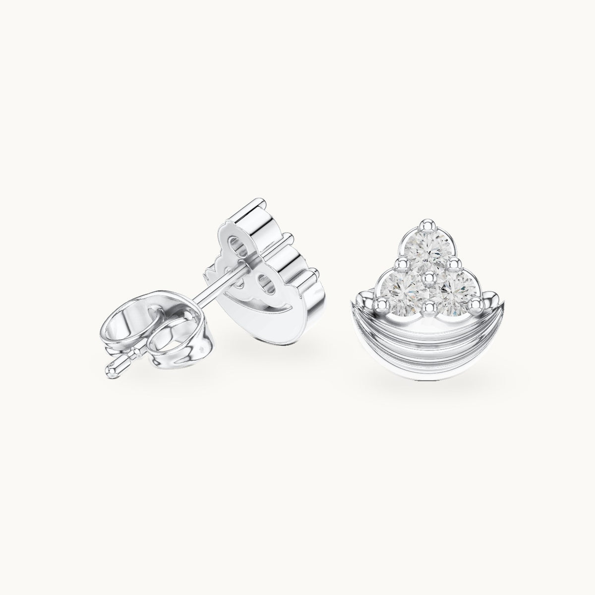 Round lab-grown diamond crescent trio cluster stud earrings in white gold, 0.36 CT TW, view 1