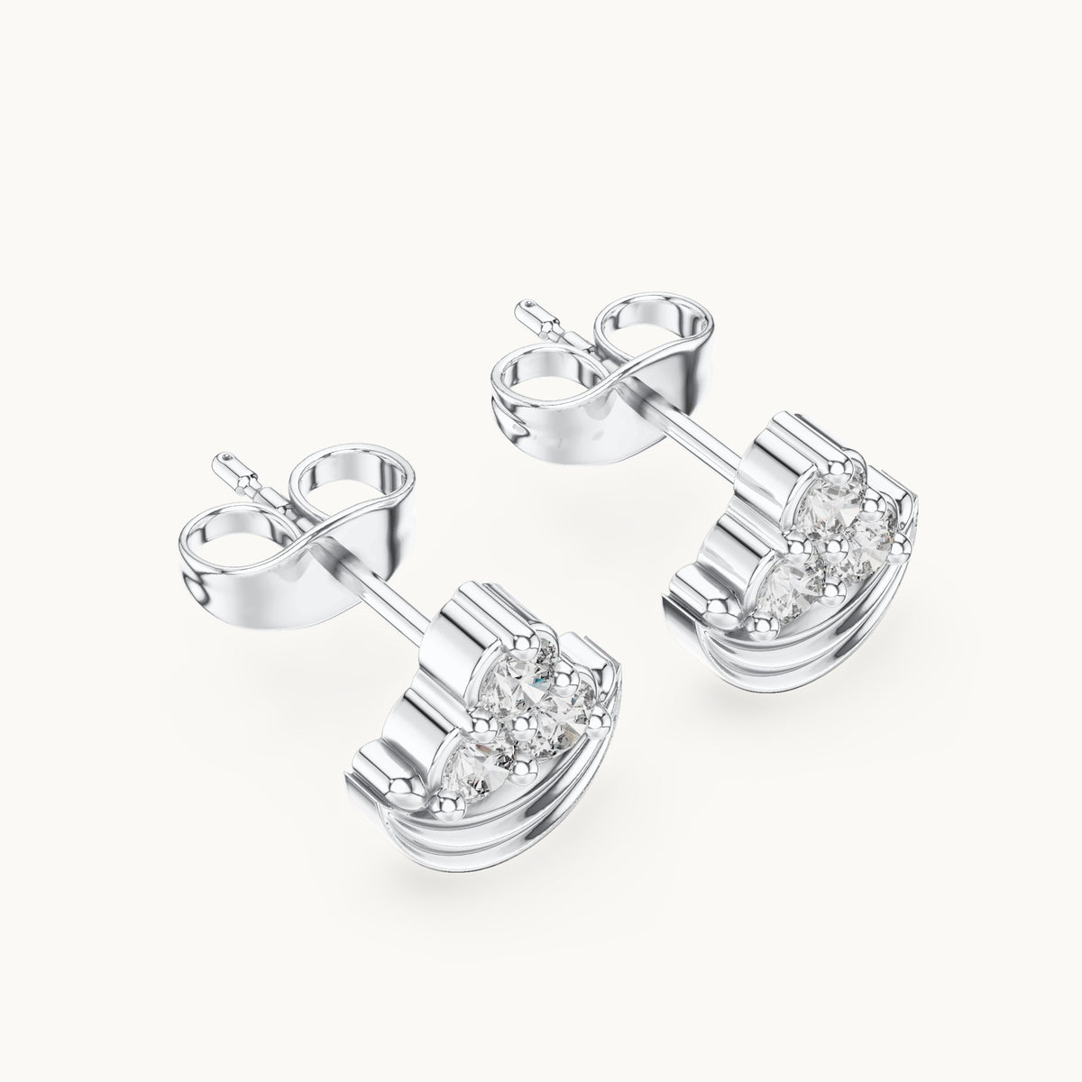 Round lab-grown diamond crescent trio cluster stud earrings in white gold, 0.36 CT TW, view 2