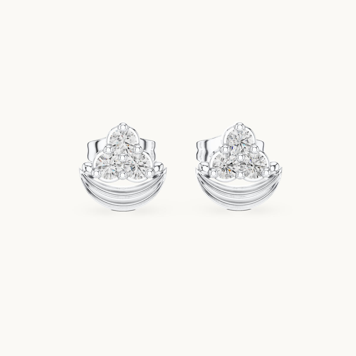Round lab-grown diamond crescent trio cluster stud earrings in white gold, 0.36 CT TW, view 4