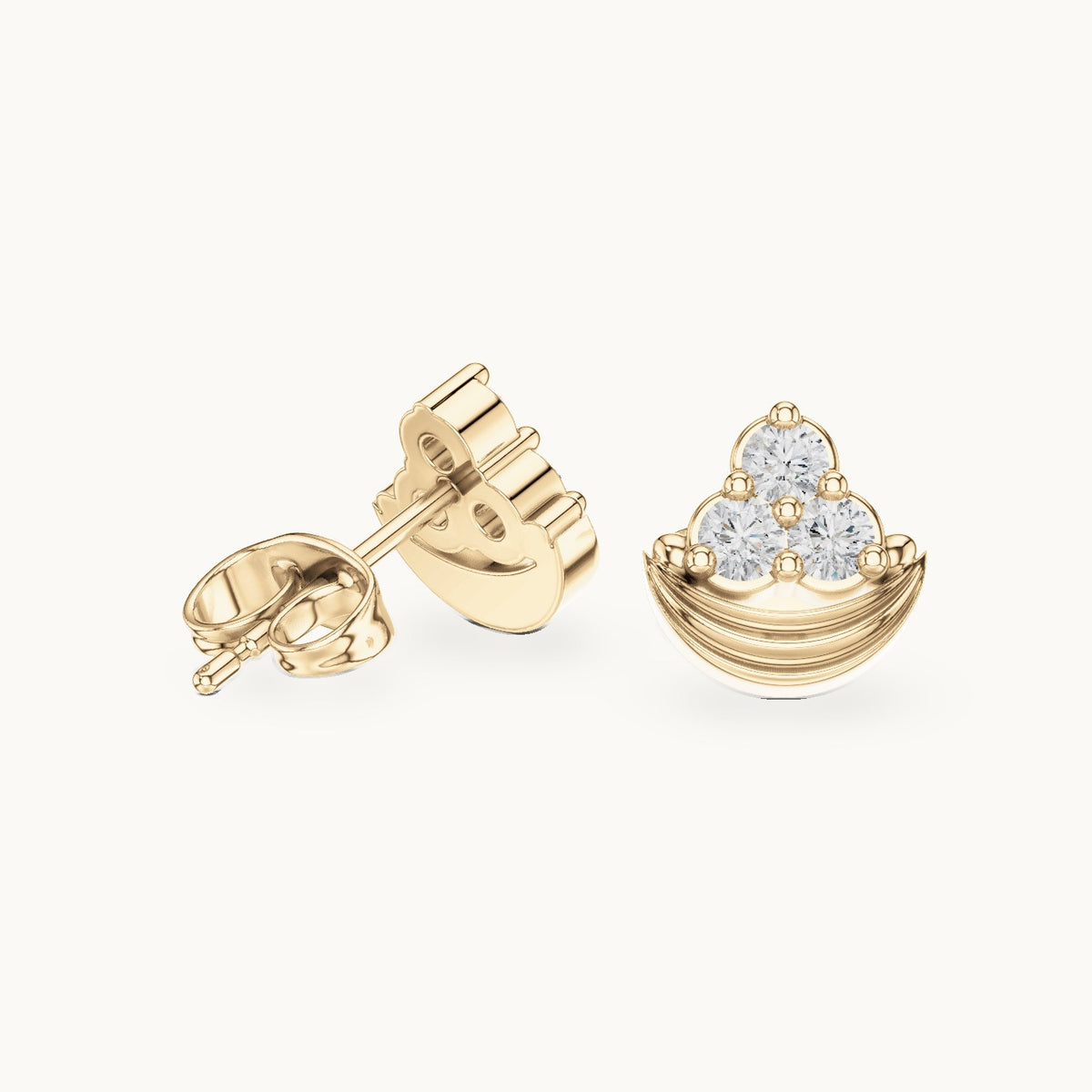 Round lab-grown diamond crescent trio cluster stud earrings in yellow gold, 0.36 CT TW, view 1