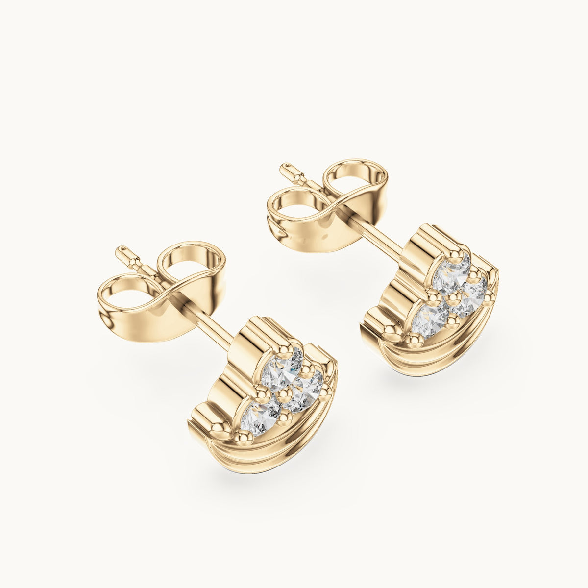 Round lab-grown diamond crescent trio cluster stud earrings in yellow gold, 0.36 CT TW, view 2