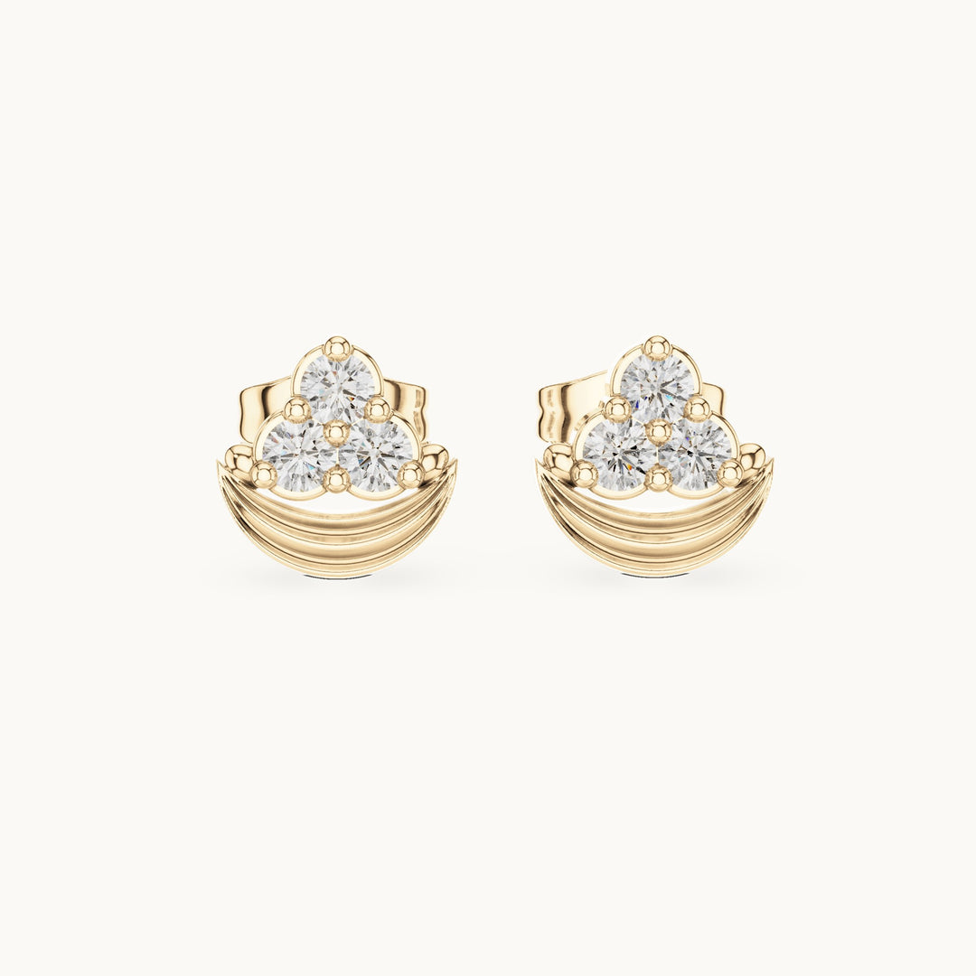 Round lab-grown diamond crescent trio cluster stud earrings in yellow gold, 0.36 CT TW, view 4