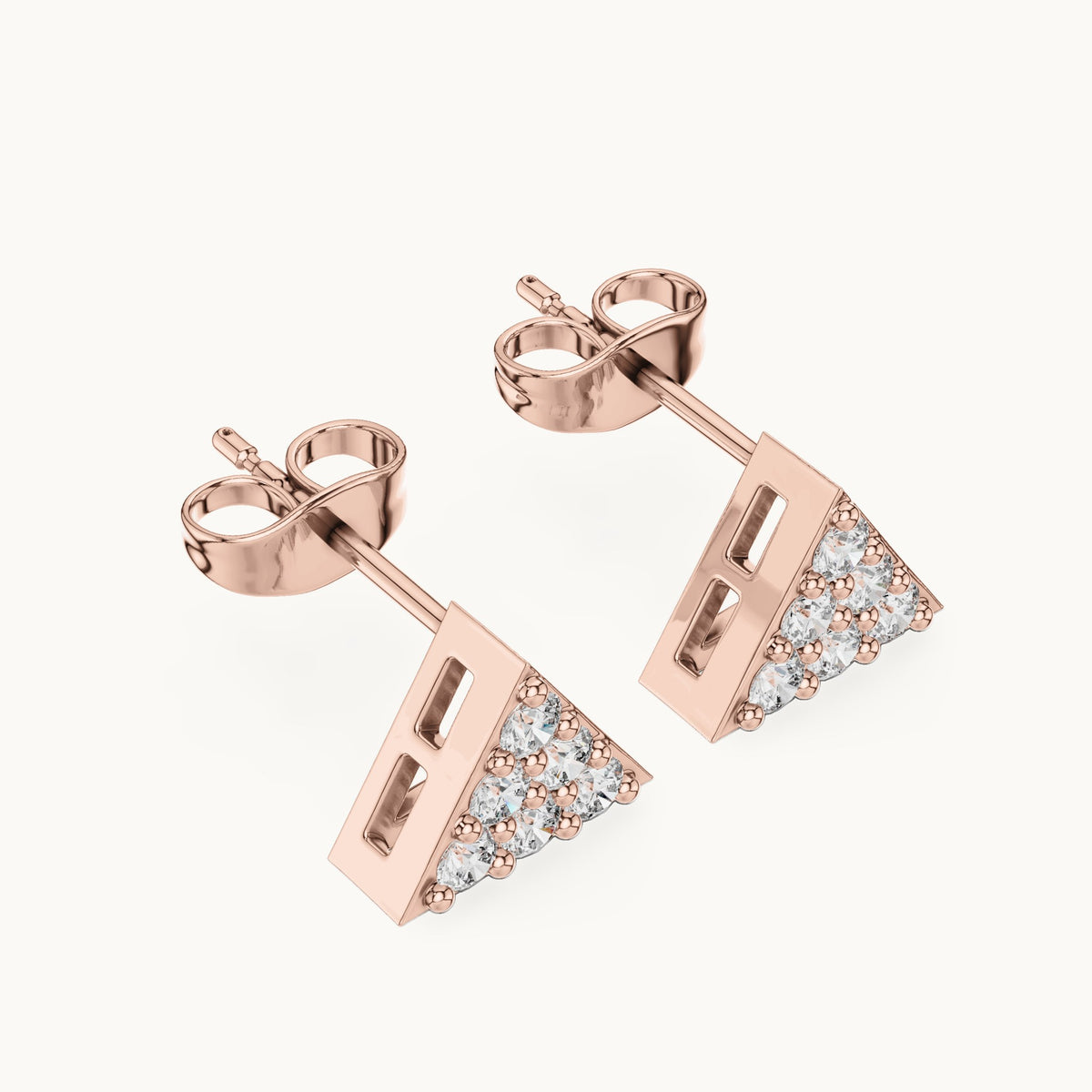 Round lab-grown diamond triangle cluster stud earrings in rose gold, 0.42 CT TW, view 2