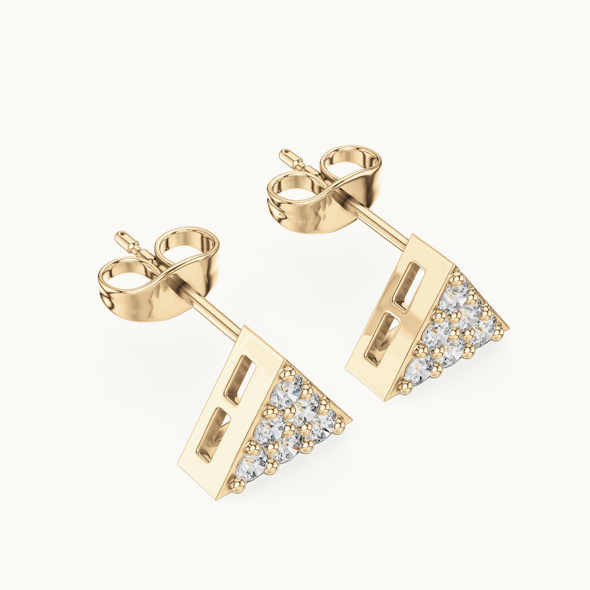 Round lab-grown diamond triangle cluster stud earrings in yellow gold, 0.42 CT TW, view 2