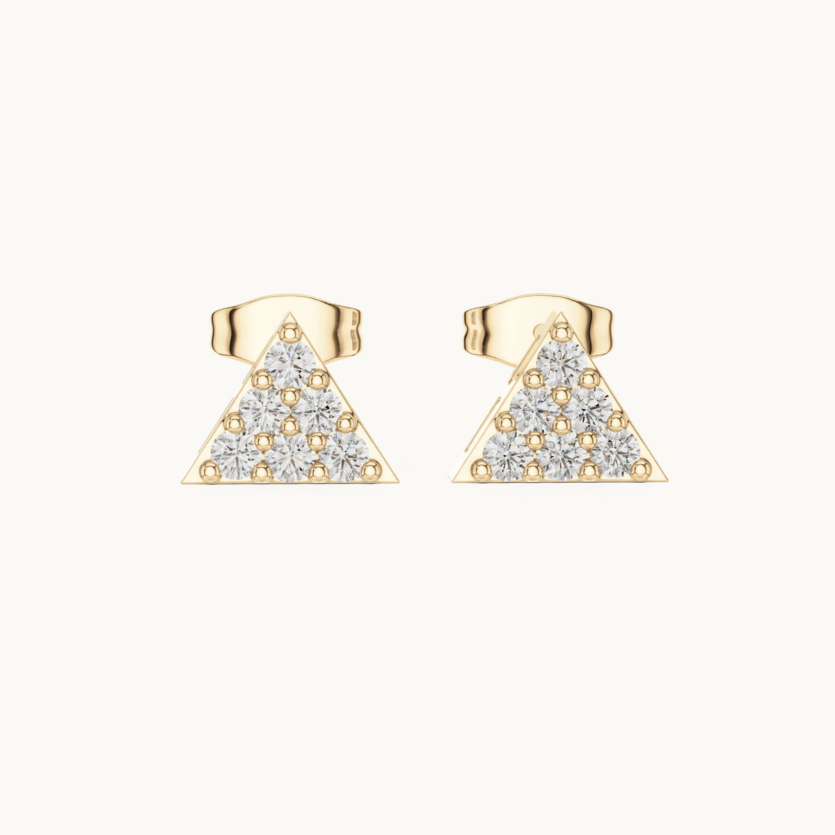 Round lab-grown diamond triangle cluster stud earrings in yellow gold, 0.42 CT TW, view 4