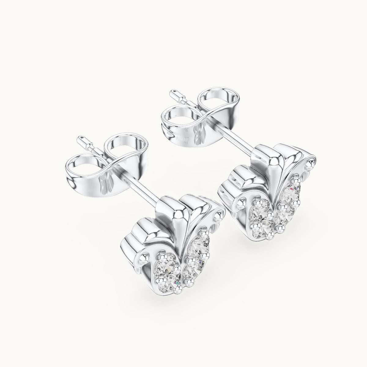 Round lab-grown diamond floral scroll stud earrings in white gold, 0.28 CT TW, view 2