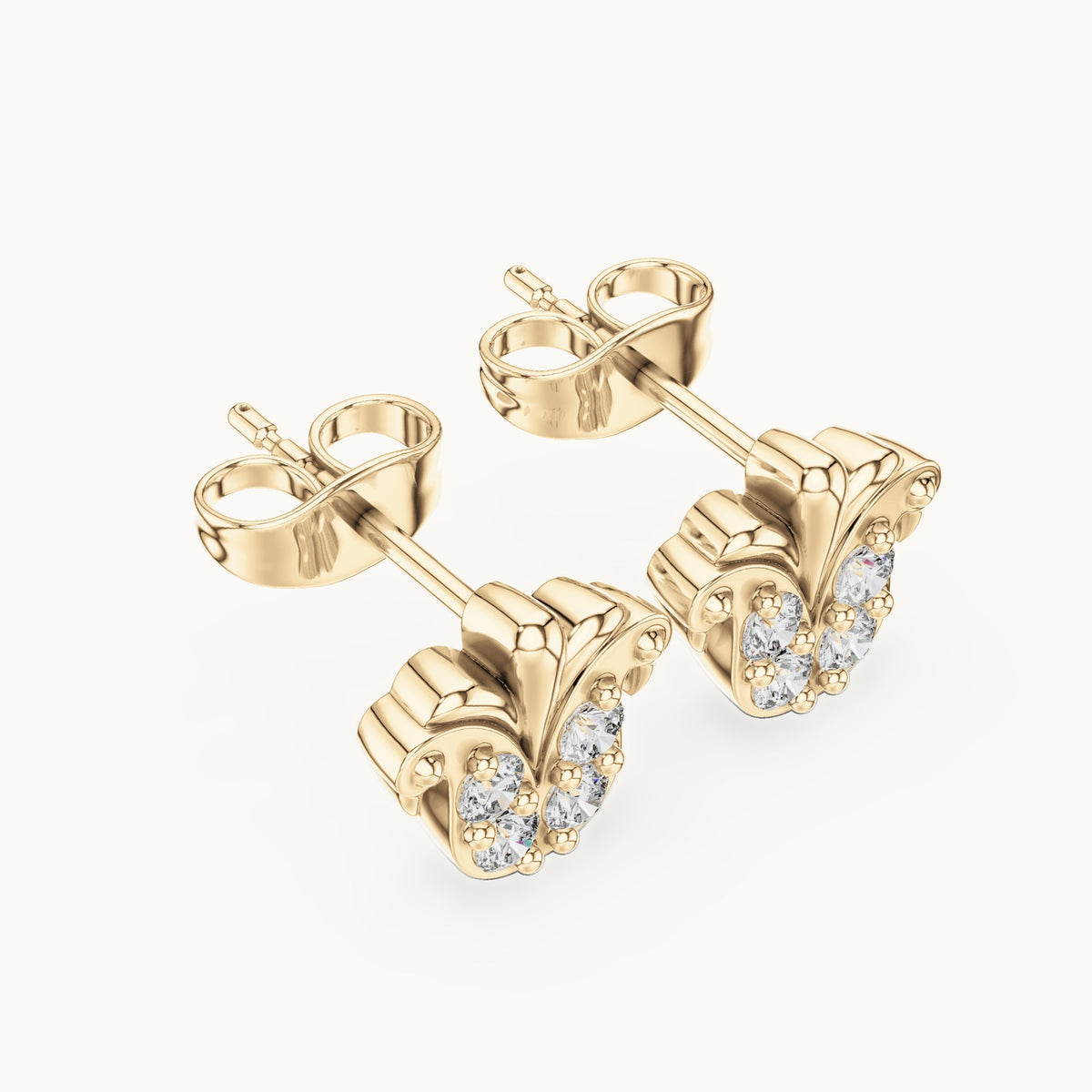 Round lab-grown diamond floral scroll stud earrings in yellow gold, 0.28 CT TW, view 2