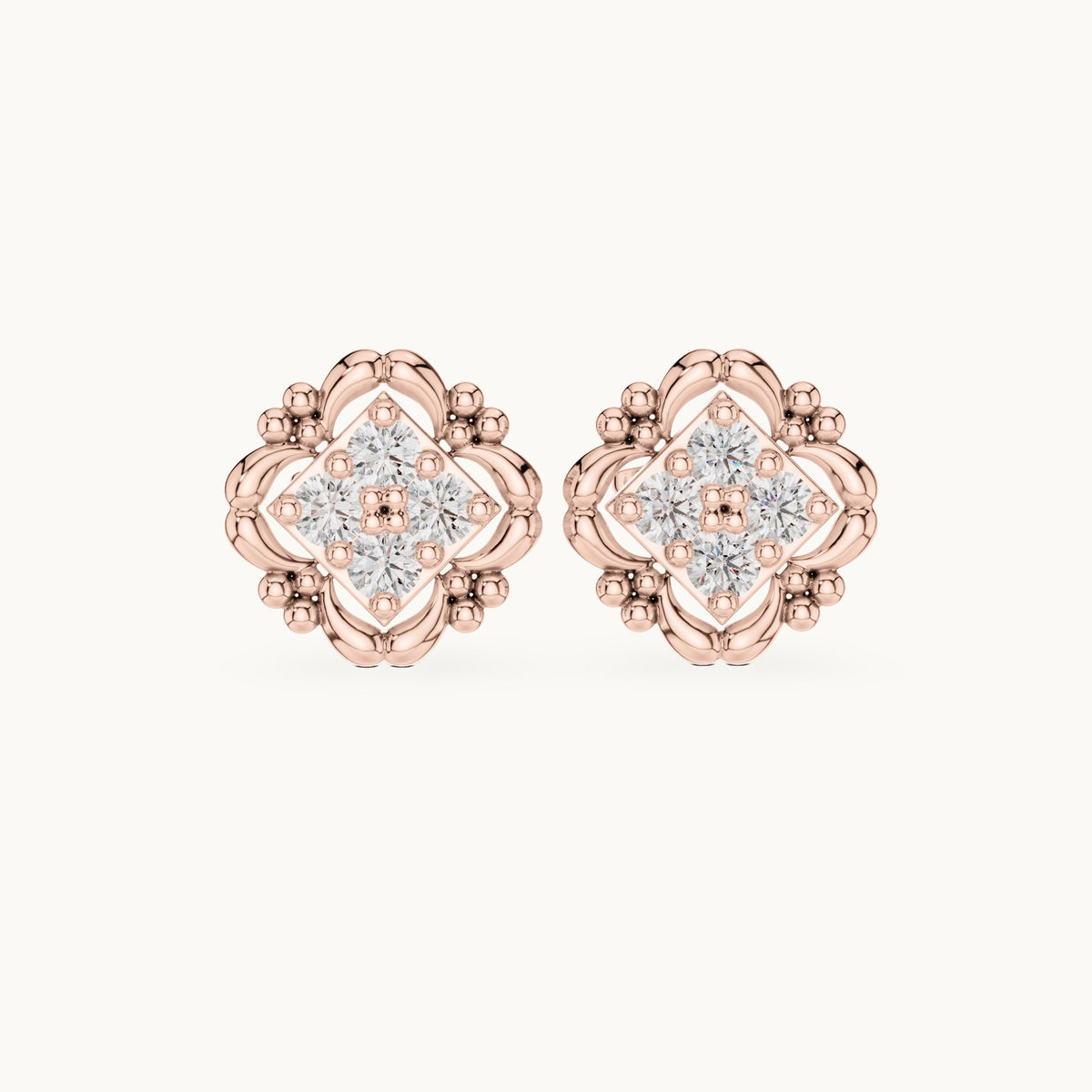 Round lab-grown diamond quatrefoil cluster stud earrings in rose gold, 0.52 CT TW, view 4