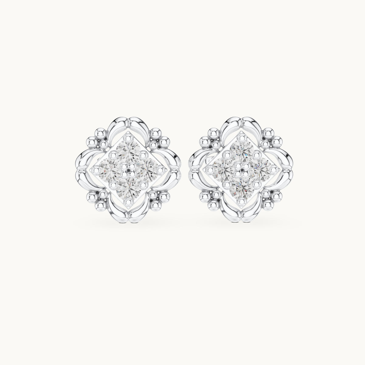 Round lab-grown diamond quatrefoil cluster stud earrings in white gold, 0.52 CT TW, view 4