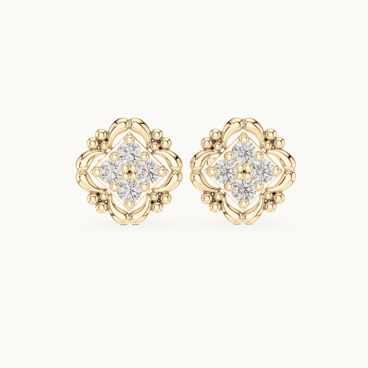 Round lab-grown diamond quatrefoil cluster stud earrings in yellow gold, 0.52 CT TW, view 4