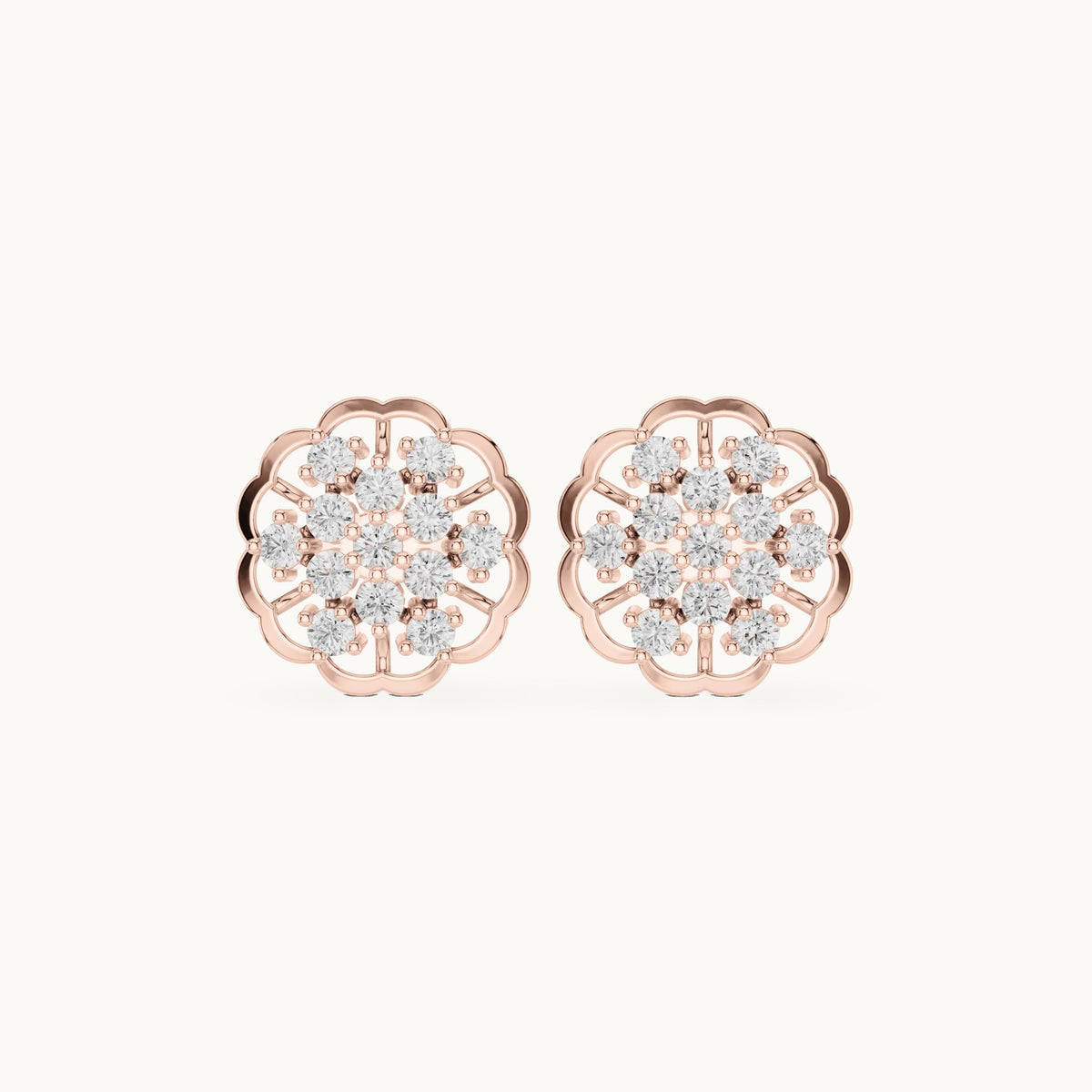 Round lab-grown diamond flower cluster stud earrings in rose gold, 0.91 CT TW, view 4