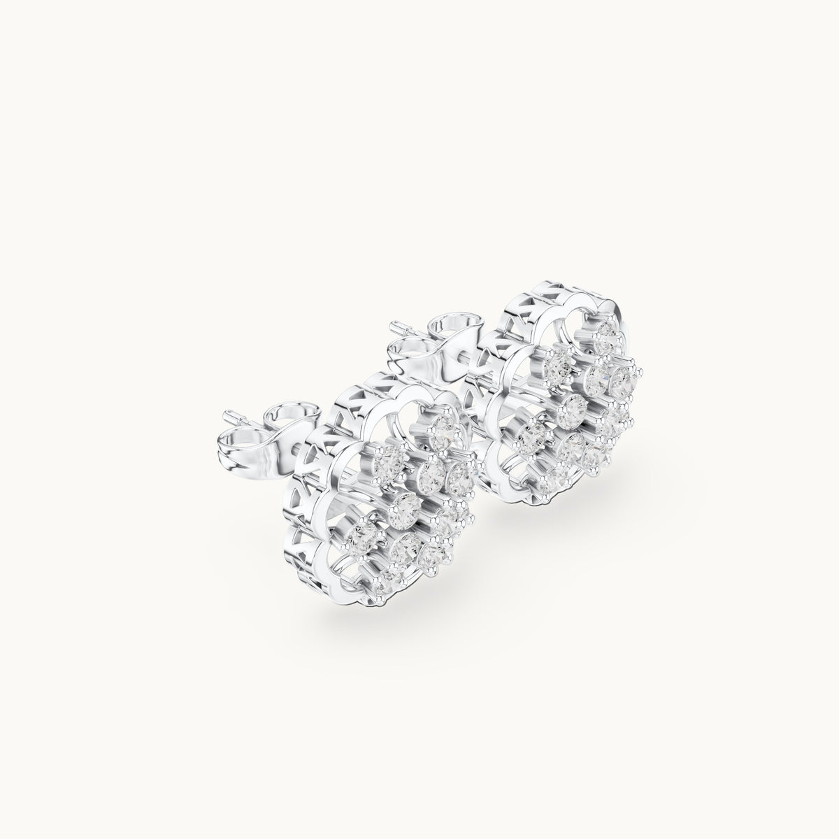 Round lab-grown diamond flower cluster stud earrings in white gold, 0.91 CT TW, view 1