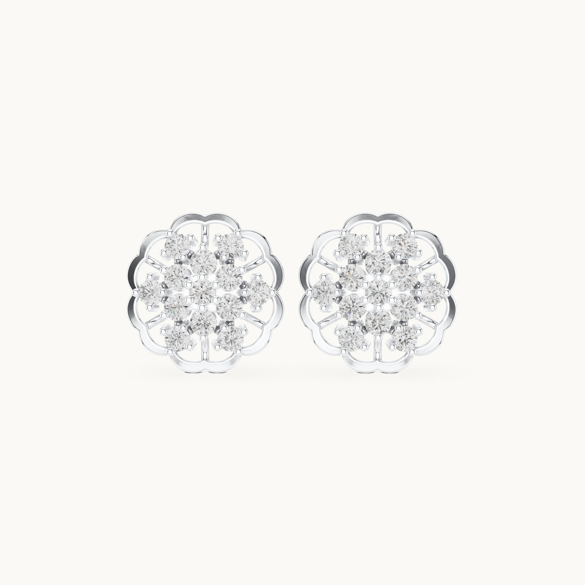 Round lab-grown diamond flower cluster stud earrings in white gold, 0.91 CT TW, view 4