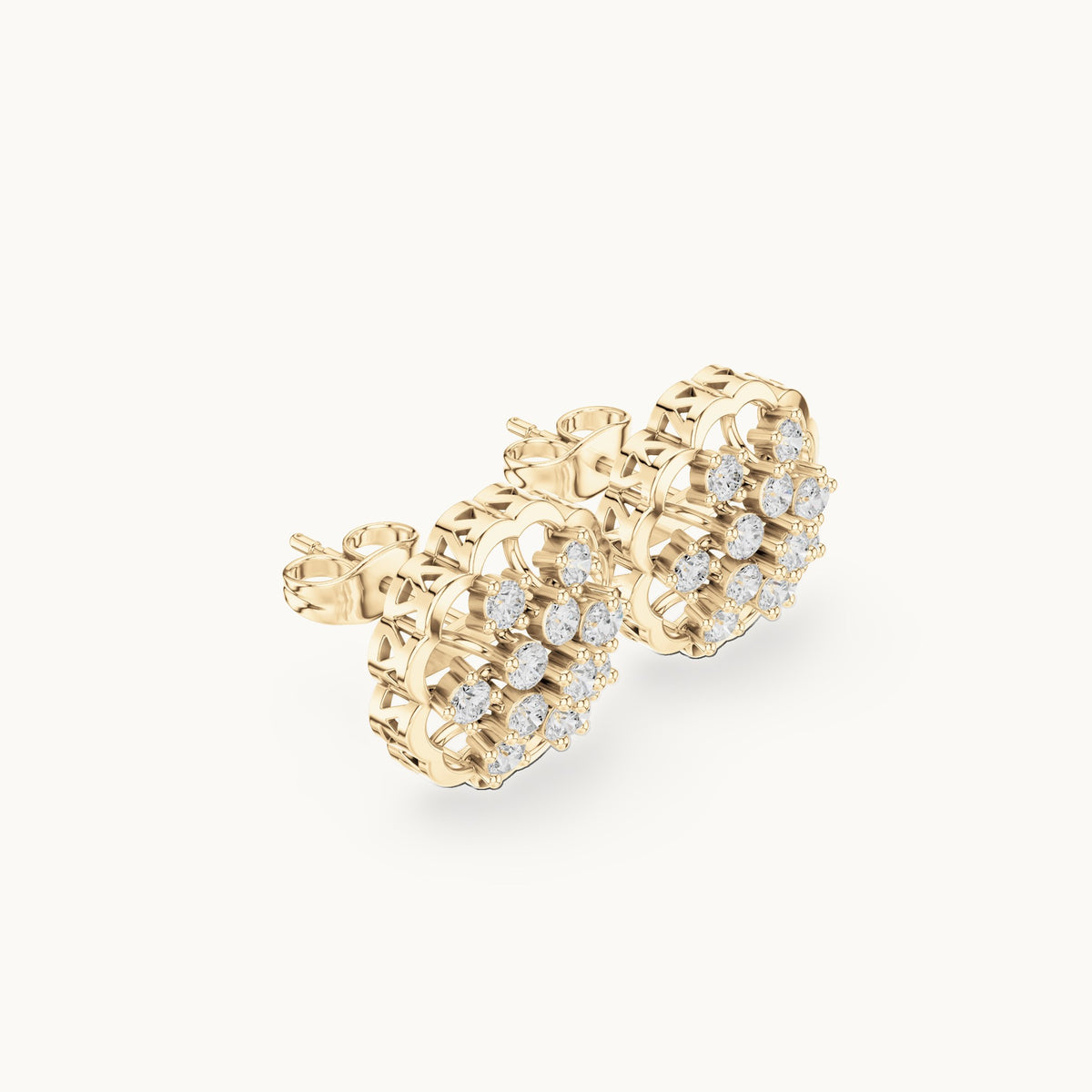 Round lab-grown diamond flower cluster stud earrings in yellow gold, 0.91 CT TW, view 1