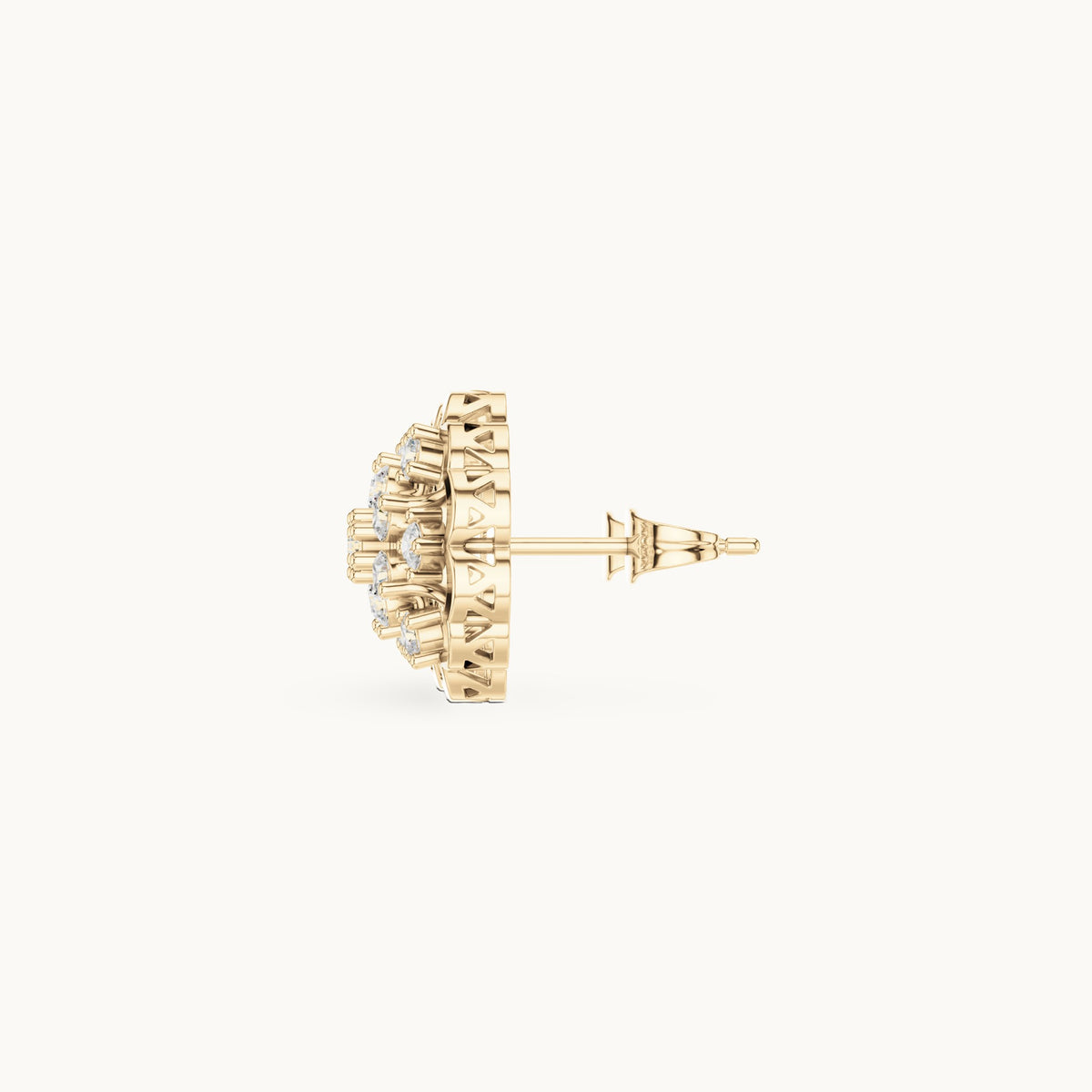 Round lab-grown diamond flower cluster stud earrings in yellow gold, 0.91 CT TW, view 3