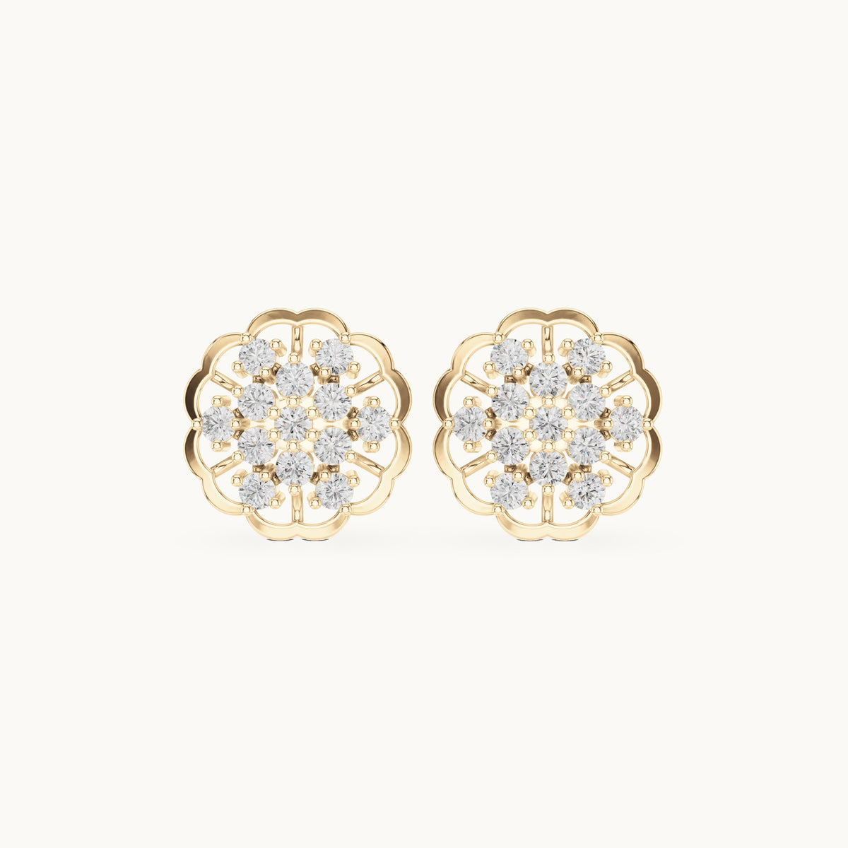 Round lab-grown diamond flower cluster stud earrings in yellow gold, 0.91 CT TW, view 4