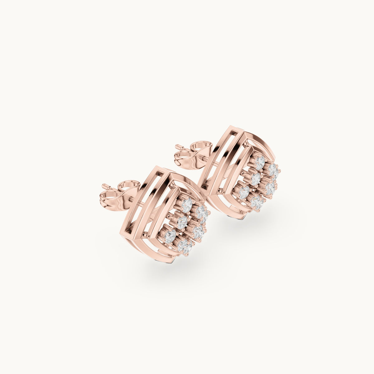 Round lab-grown diamond cushion-shape cluster stud earrings in rose gold, 0.64 CT TW, view 1
