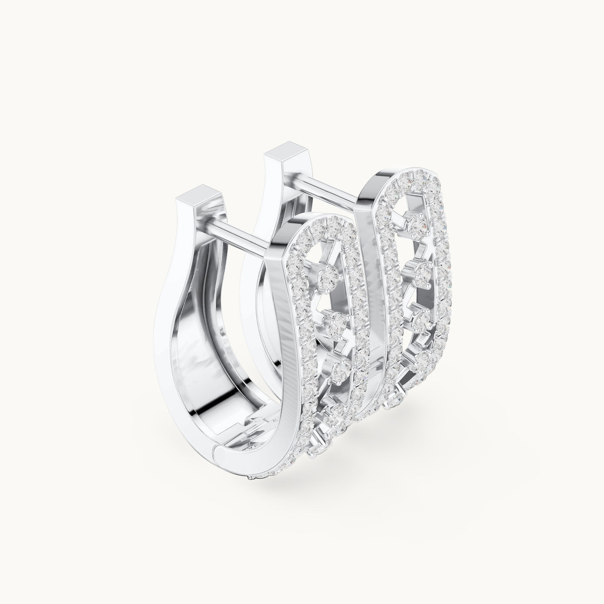 Round lab-grown diamond openwork huggie hoop earrings in white gold, 0.394 CT TW, view 1