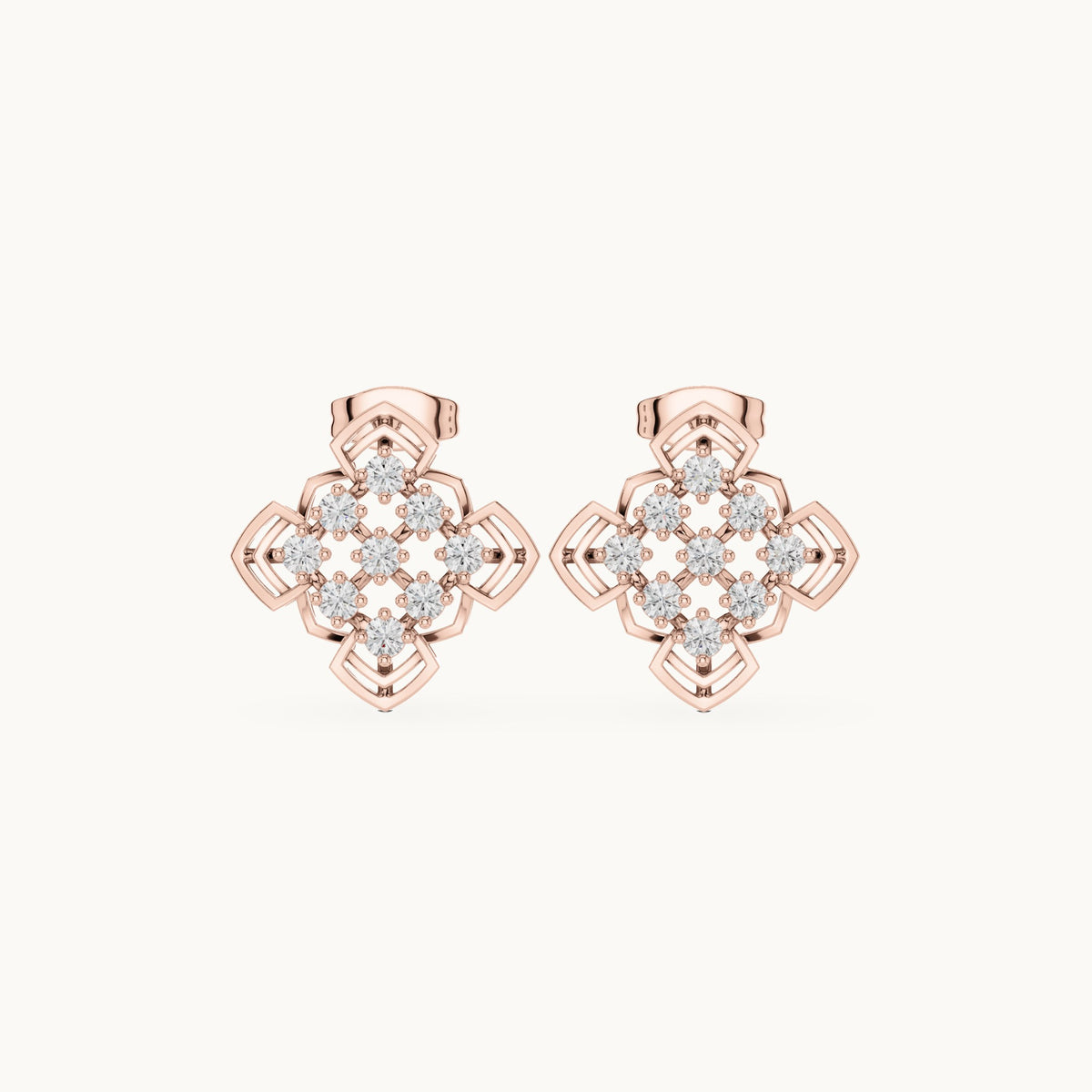 Round lab-grown diamond clover cluster stud earrings in rose gold, 0.63 CT TW, view 4