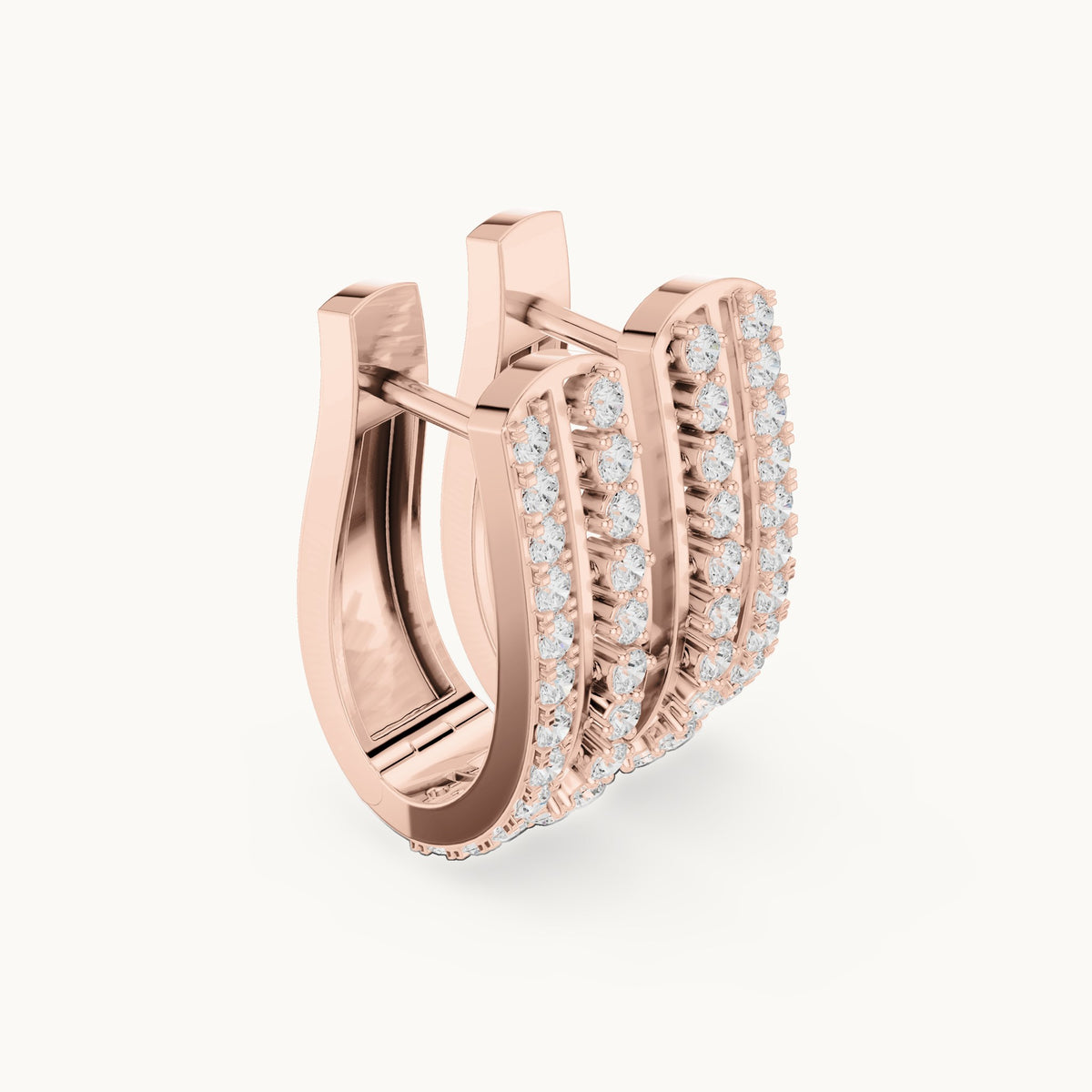 Round lab-grown diamond three-row pavé huggie hoop earrings in rose gold, 0.552 CT TW, view 1