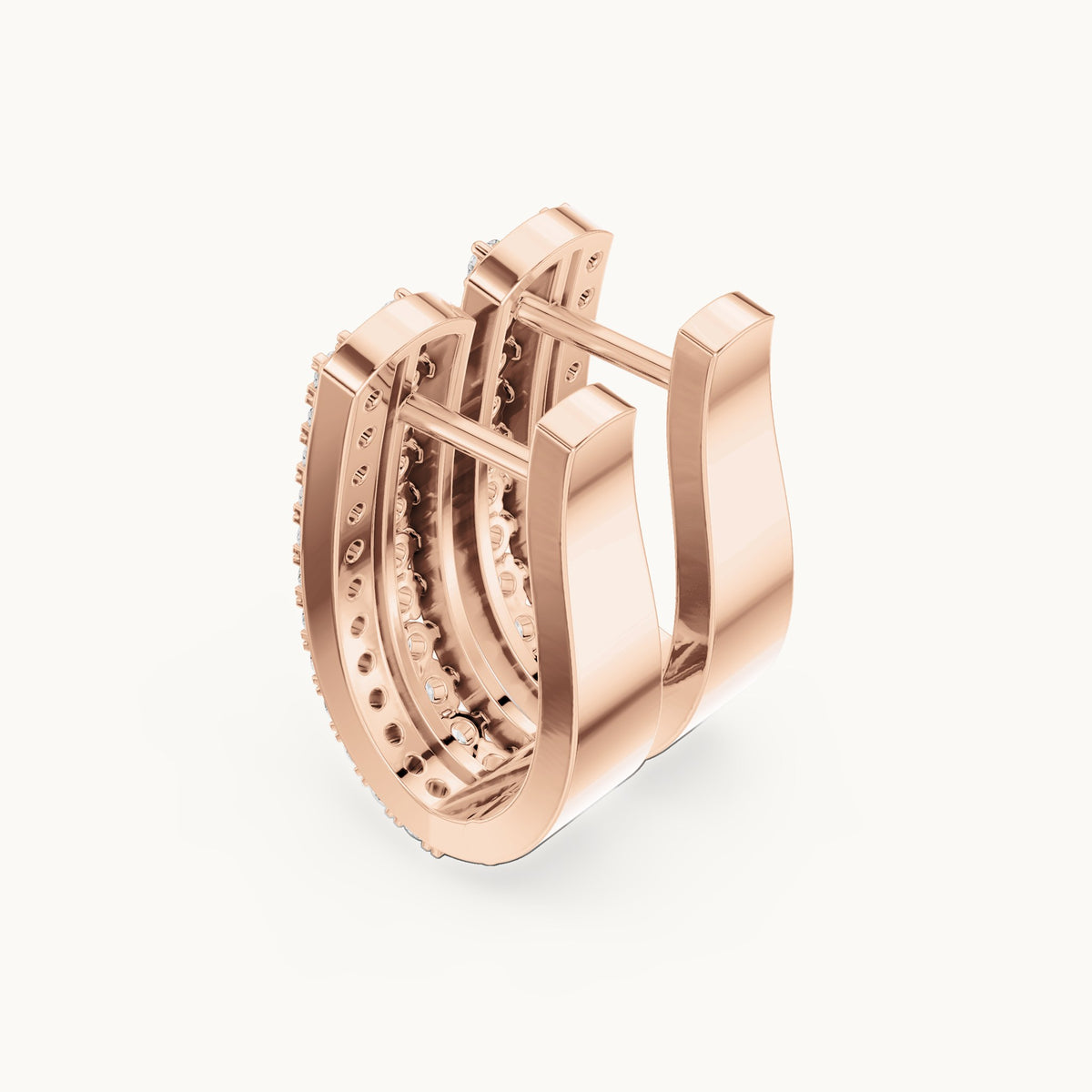 Round lab-grown diamond three-row pavé huggie hoop earrings in rose gold, 0.552 CT TW, view 2