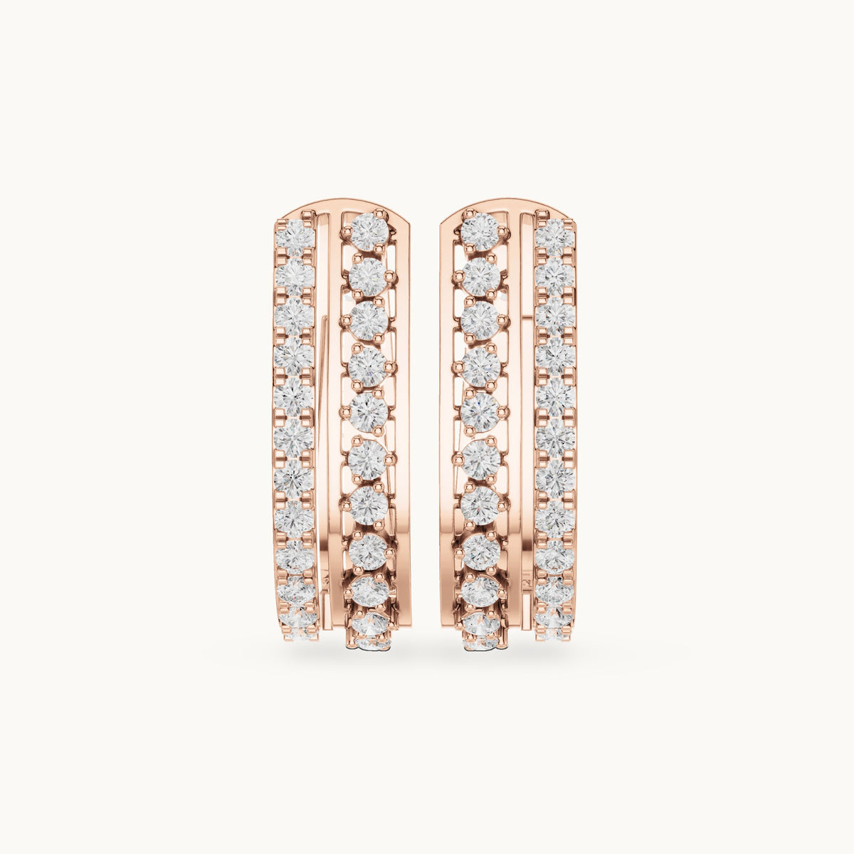Round lab-grown diamond three-row pavé huggie hoop earrings in rose gold, 0.552 CT TW, view 4