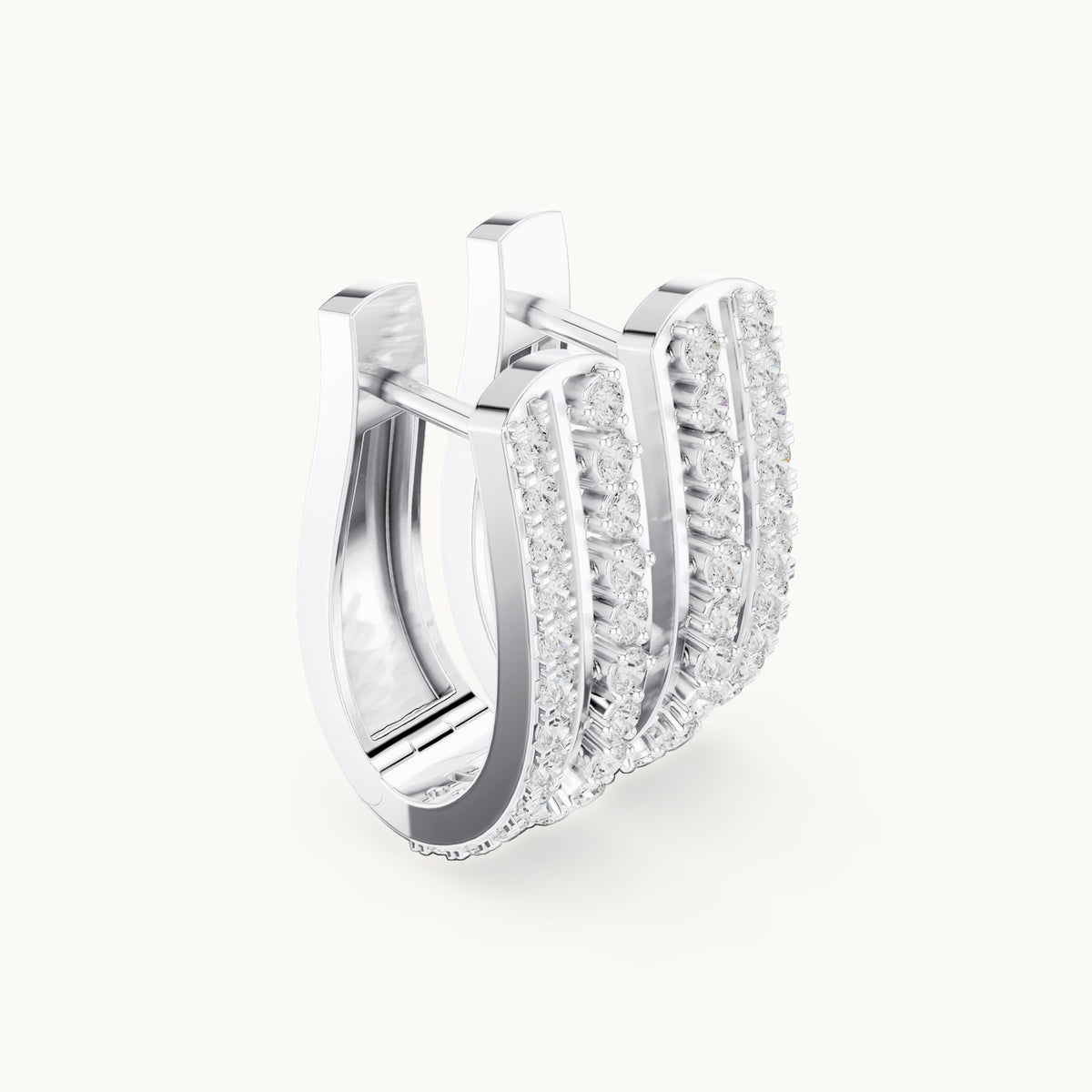 Round lab-grown diamond three-row pavé huggie hoop earrings in white gold, 0.552 CT TW, view 1
