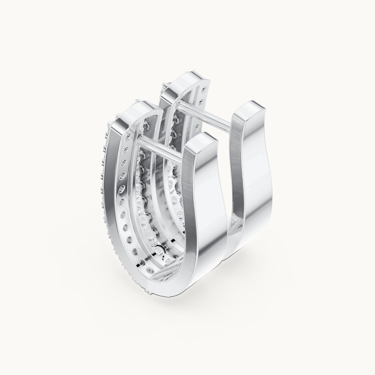 Round lab-grown diamond three-row pavé huggie hoop earrings in white gold, 0.552 CT TW, view 2
