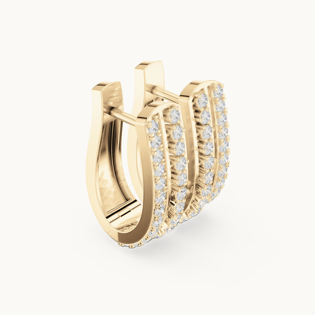 Round lab-grown diamond three-row pavé huggie hoop earrings in yellow gold, 0.552 CT TW, view 1