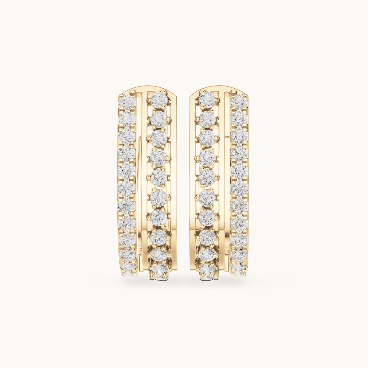 Round lab-grown diamond three-row pavé huggie hoop earrings in yellow gold, 0.552 CT TW, view 4