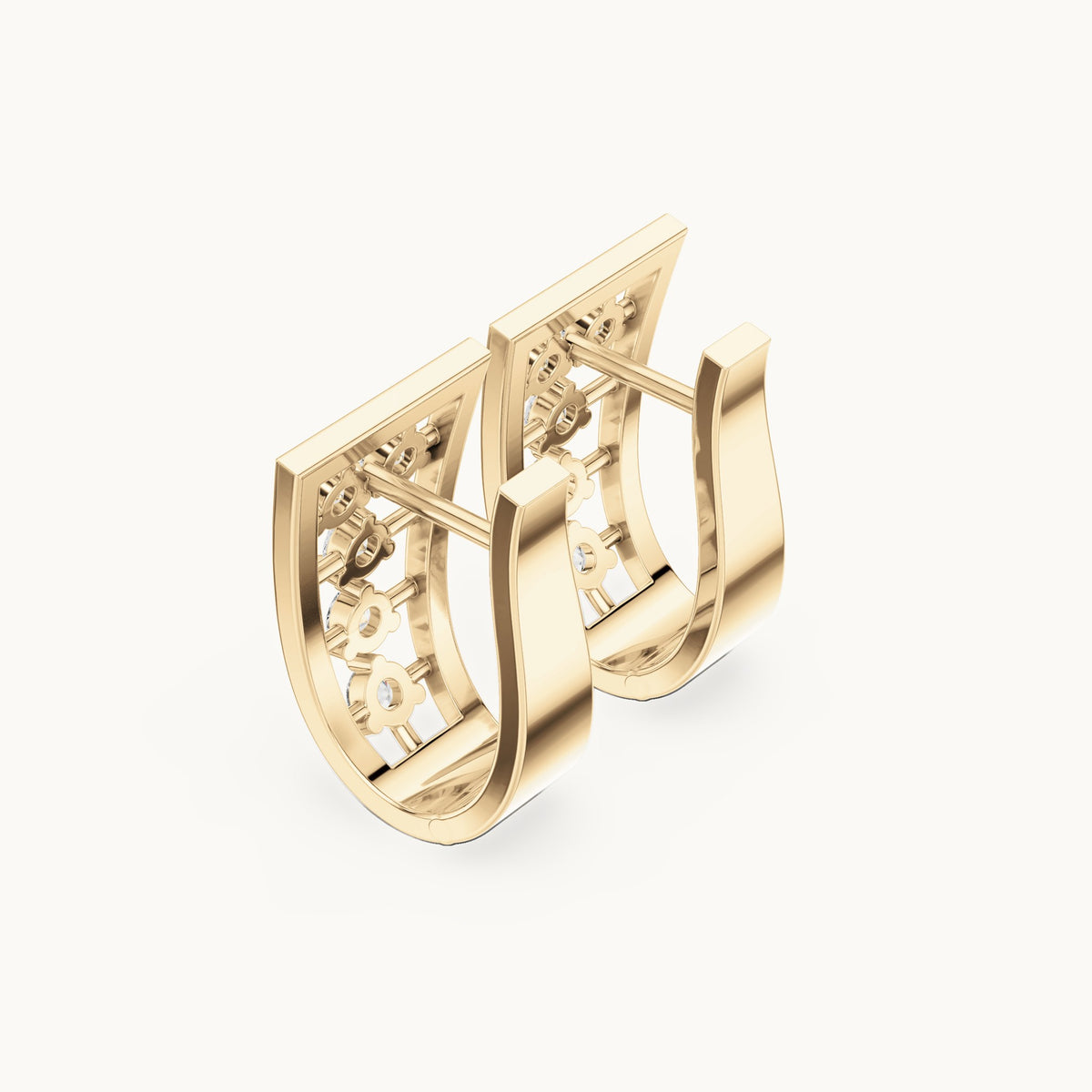 Round lab-grown diamond cluster openwork huggie hoop earrings in yellow gold, 0.50 CT TW, view 2