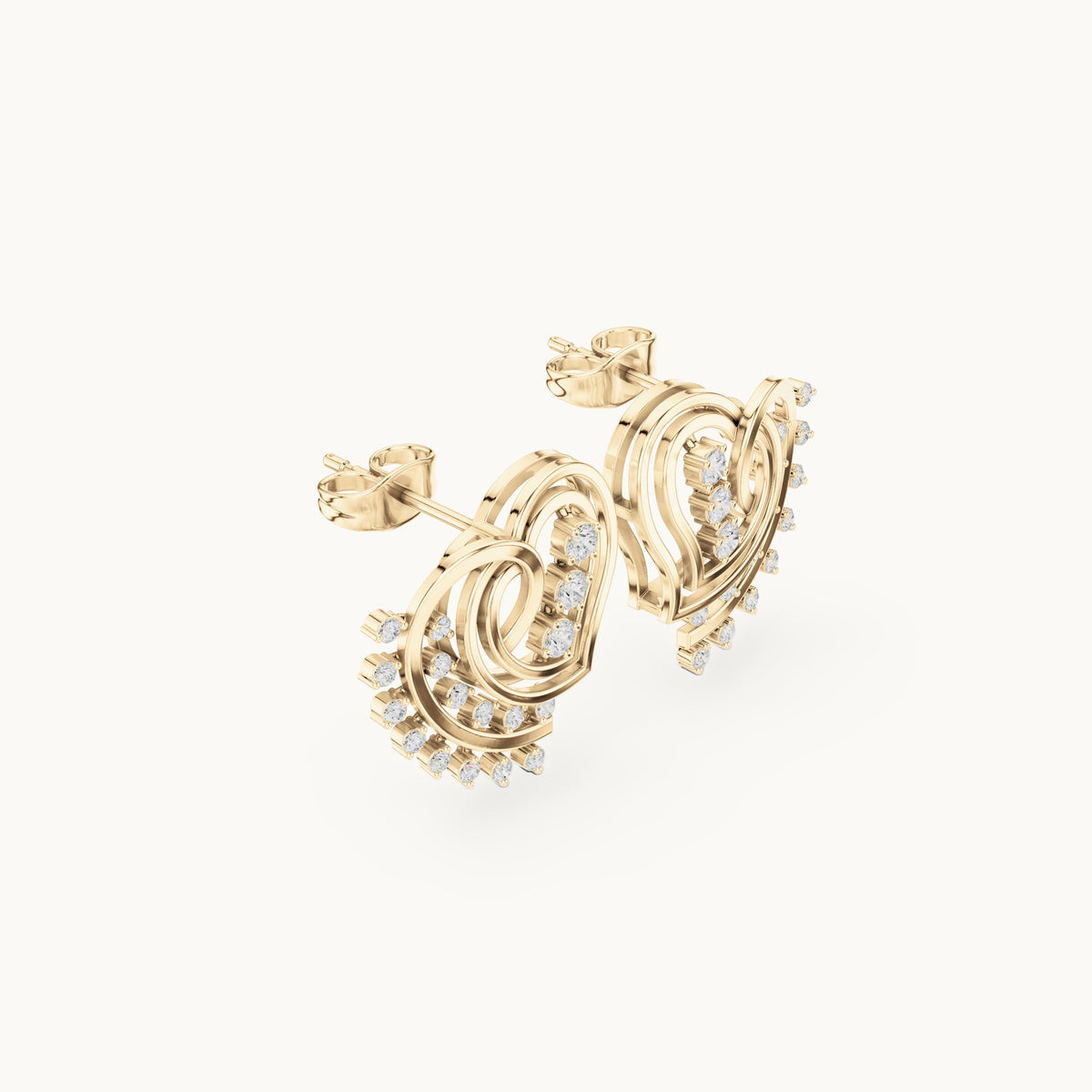 Round lab-grown diamond wing fan stud earrings in yellow gold, 0.434 CT TW, view 1